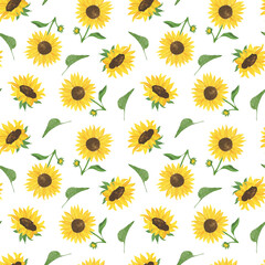 Sunflowers and leaves seamless pattern watercolor hand drawn floral illustration, yellow and green summer field agricultural plant, ornament for greeting card, textile, fabrics, holiday design