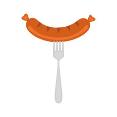 grilled sausage on fork isolated on white background