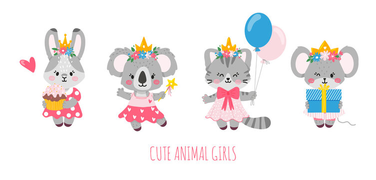 4 animal characters girls.Bunny holding muffin,koala with hold magic wand,cat standing with balloons,mouse with a gift.