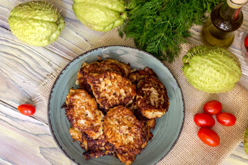 Fresh pancakes of fruit mexican, healthy liana (Sechium edule) and vegetables close-up