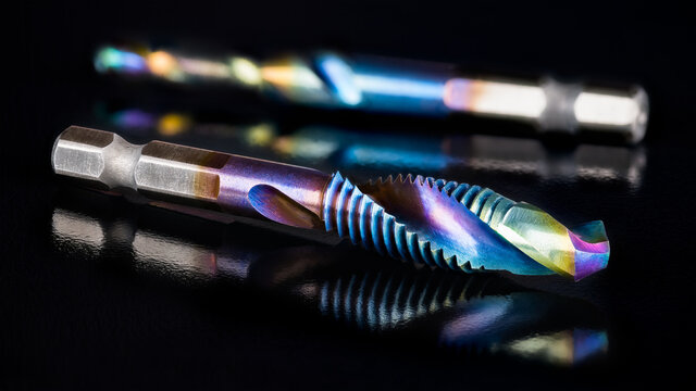 Steel tap and drill bit in one cutting tool on shiny black background with beautiful reflection. Drilling or threading instrument in artistic still life. Blue nano titanium coated product 2 in 1. DIY.