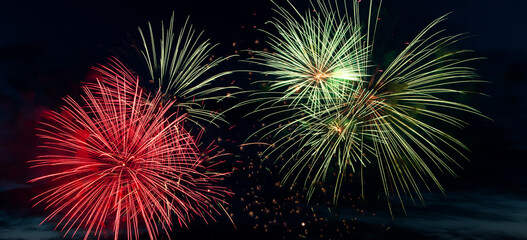 Fototapeta premium Bright colored fireworks on black background. Celebration and holidays concept. New Year, Independence Day, July 4 Festival. Bright explosions of lights in the sky.