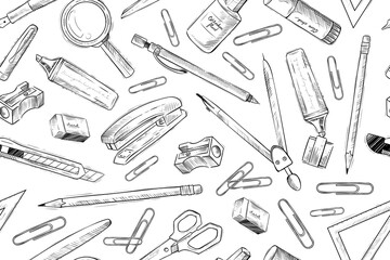 Set of school stationery, monochrome, vector