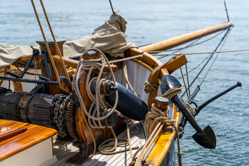 close up view of the rigging on an old wooden sailboat in the maritime museum on the Svendborg harbor front - obrazy, fototapety, plakaty