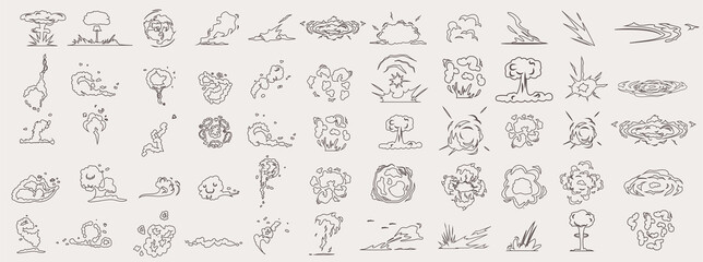 Cartoon smoke clouds. Comic smoke flows. Dynamite explosions, danger explosive bomb detonation and atomic bombs cloud comics. Isolated illustration icons set
