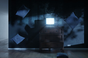 Fototapeta na wymiar 3d rendering of a haunted room with an old television and bright screen. Surrounded by flying pillows