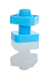 Plastic color toy for kids, threaded bolt and nut for unscrewing and twisting, isolated on a white background