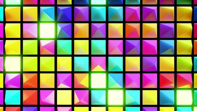 3d render. Abstract festive background with multi-colored pyramids on a plane flashing neon light randomly.