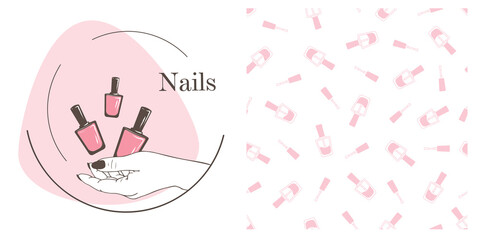 Vector logotype and seamless patern for design template nail art studio or nail artist. Linear isolated on white background.