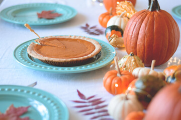 Dining table set for thanksgiving dinner