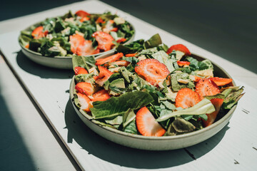 Healthy food at home. Fresh salads lunch meal two plates of kale lettuce and strawberries.