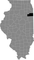 Black highlighted location map of the Illinoisan Kankakee County inside gray map of the Federal State of Illinois, USA
