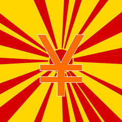 Yuan symbol on a background of red flash explosion radial lines. The large orange symbol is located in the center of the sun, symbolizing the sunrise. Vector illustration on yellow background