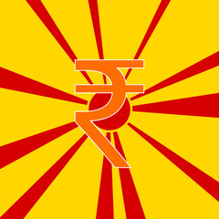 Indian rupee symbol on a background of red flash explosion radial lines. The large orange symbol is located in the center of the sun, symbolizing the sunrise. Vector illustration on yellow background