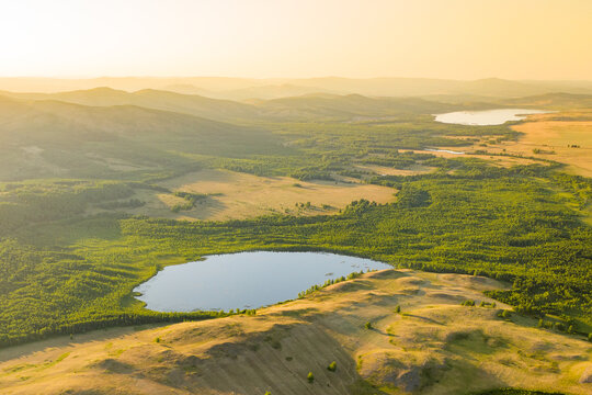 Scenic aerial view of lakes and mountains at South Ural region of Russia