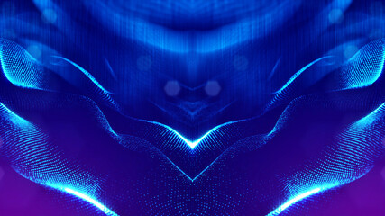 3d rendering background of microworld or sci-fi theme with glowing particles form curved lines, 3d surfaces, grid structures with depth of field, bokeh. Deep blue wave symmetric forms