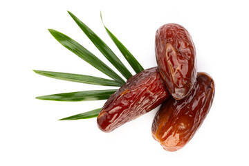 Dry dates isolated on white background. Top view. Flat lay pattern.