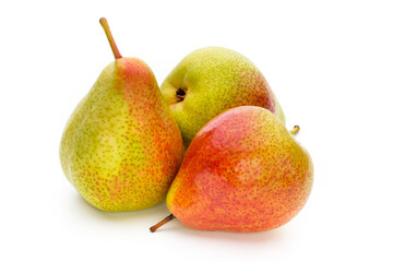 Fresh bio pear with leaves on isolated white background.