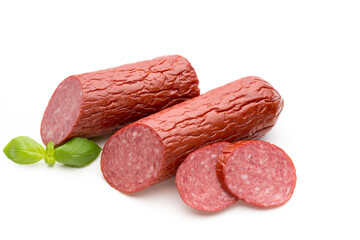 Salami smoked sausage, basil leaves on white background cutout.