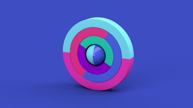Colorful circle shapes and ball. Blue background. Abstract animation, 3d render.