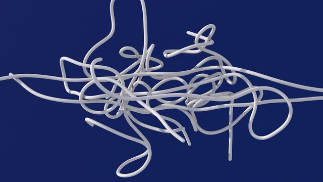 White rope flying. Blue background. Abstract animation, 3d render.