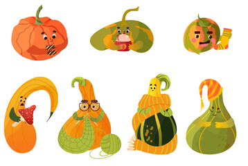 Pumpkins characters set.  Cute pumpkins drinking coffee, eating donuts, knitting scarf, sleeping. Vector illustration in cartoon style