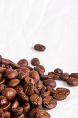 Natural background for Cafe menu or brochure template - macro photo of brown roasted coffee beans, close up