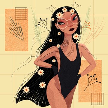 Illustration Of Stylish Woman With Leafs And Flowers