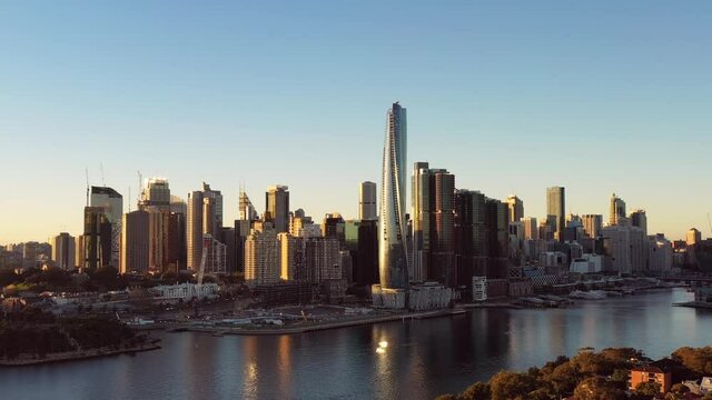 Darling harbour city of Sydney waterfront and CBD landmarks &ndash; aerial 4k fly.
