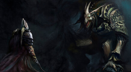 The huge rat king prepares to attack the knight with the dark magic of the abyss, he has no nose and is dressed in gilded armor © Kalleeck
