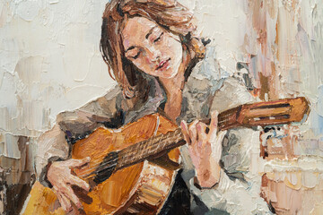.The girl plays the guitar. Music lessons. Oil painting on canvas. - obrazy, fototapety, plakaty