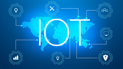 Internet of things (IoT) and networking concept for connected devices. Spider web of network connections with on a futuristic blue background. Innovation sign. Digital design concept. IoT hologram
