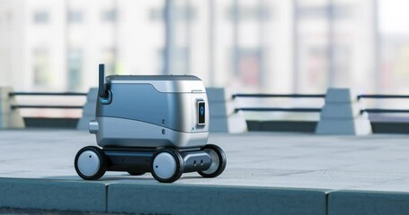 Artificial Intelligence Delivery Robot Service Driving. Smart Bot or Drone Delivers Goods or Food to a Customer. New Technological Iot Business Industry of Delivery Logistic. 3d animation