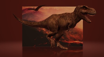Volcanic eruptions Extinction of dinosaurs . Dinosaurs 3d illustration . realistic dinosaur photo .Includes a trex image .  3d rendering  © vayno