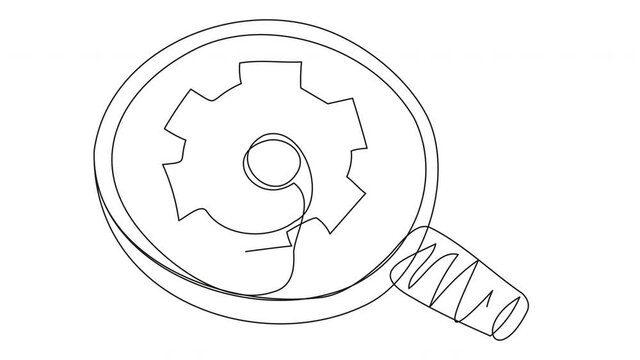 Self-drawing of a magnifying glass and gears in one line on a white background. Stock 4k video with research and work. Search for colleagues.