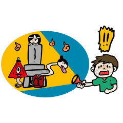 幽霊たちを発見して驚く男の子