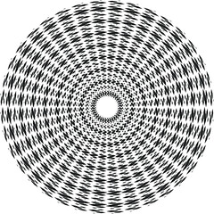  Black halftone dots in vortex form. Geometric art. Trendy design element.Circular and radial lines volute, helix.Segmented circle with rotation.Radiating arc lines.Cochlear