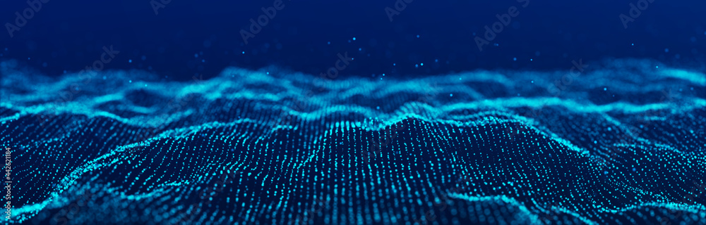 Poster Wave of particles. Dynamic wave on blue background. Big data visualization. Data technology abstract futuristic illustration. 3d rendering.