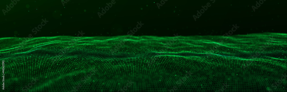 Poster Wave of particles. Dynamic wave on green background. Big data visualization. Data technology abstract futuristic illustration. 3d rendering.