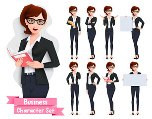 Business woman presentation character vector set. Businesswoman characters in presenting pose and gestures holding whiteboard element for employee presenter collection design. Vector illustration
