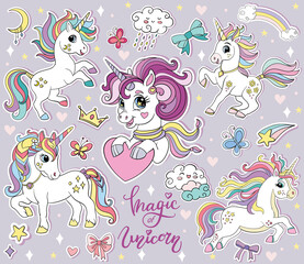 Set of cartoon unicorns vector illustration stickers