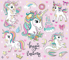 Sticker pack cute cartoon unicorns vector illustration