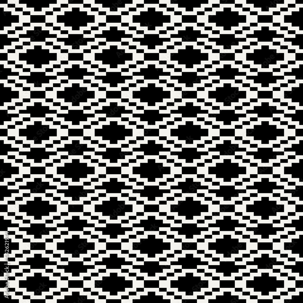 Poster pixels ornament. white background and black pixel pattern. seamless rhombus pixels.