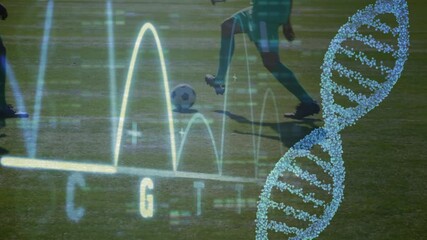 Animation of dna strand spinning and data processing over football players - Powered by Adobe