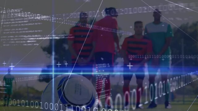 Animation of binary coding and data processing over football players - Powered by Adobe