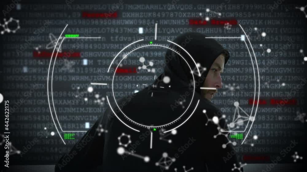 Poster animation of scope scanning and molecules over hacker