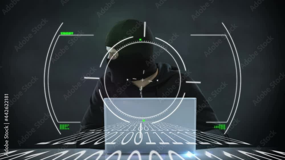 Poster animation of scope and binary coding data processing over hacker with laptop