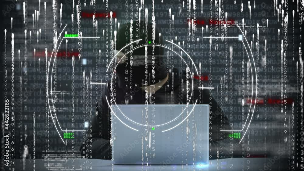 Poster animation of scope and data processing over hacker with laptop