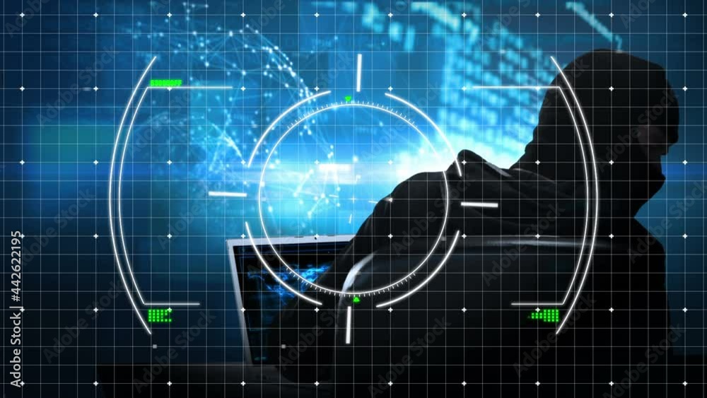 Poster animation of scope and data processing over hacker with laptop