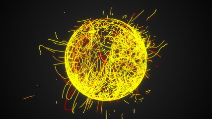 3d rendering, computer generated sphere or ball of numerous neon scribbles particles and lines on a black background